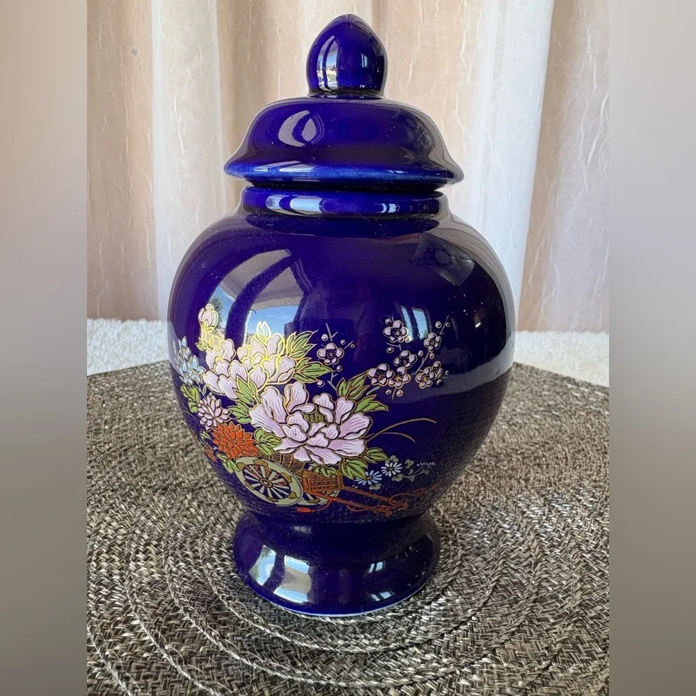 Vintage Small Japanese Cobalt Blue Porcelain Ginger Jar-Floral Design with Wagon
